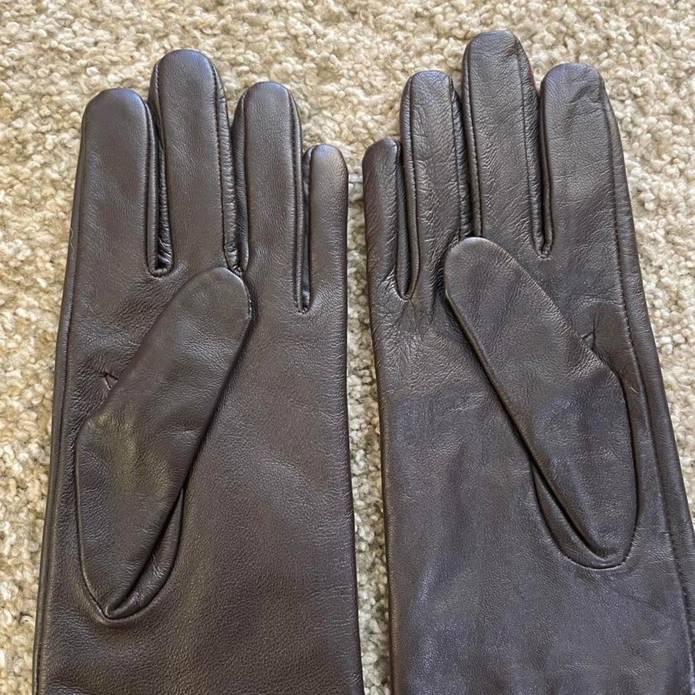 Brown leather gloves with scalloped cuffs quiet luxury elevated fall